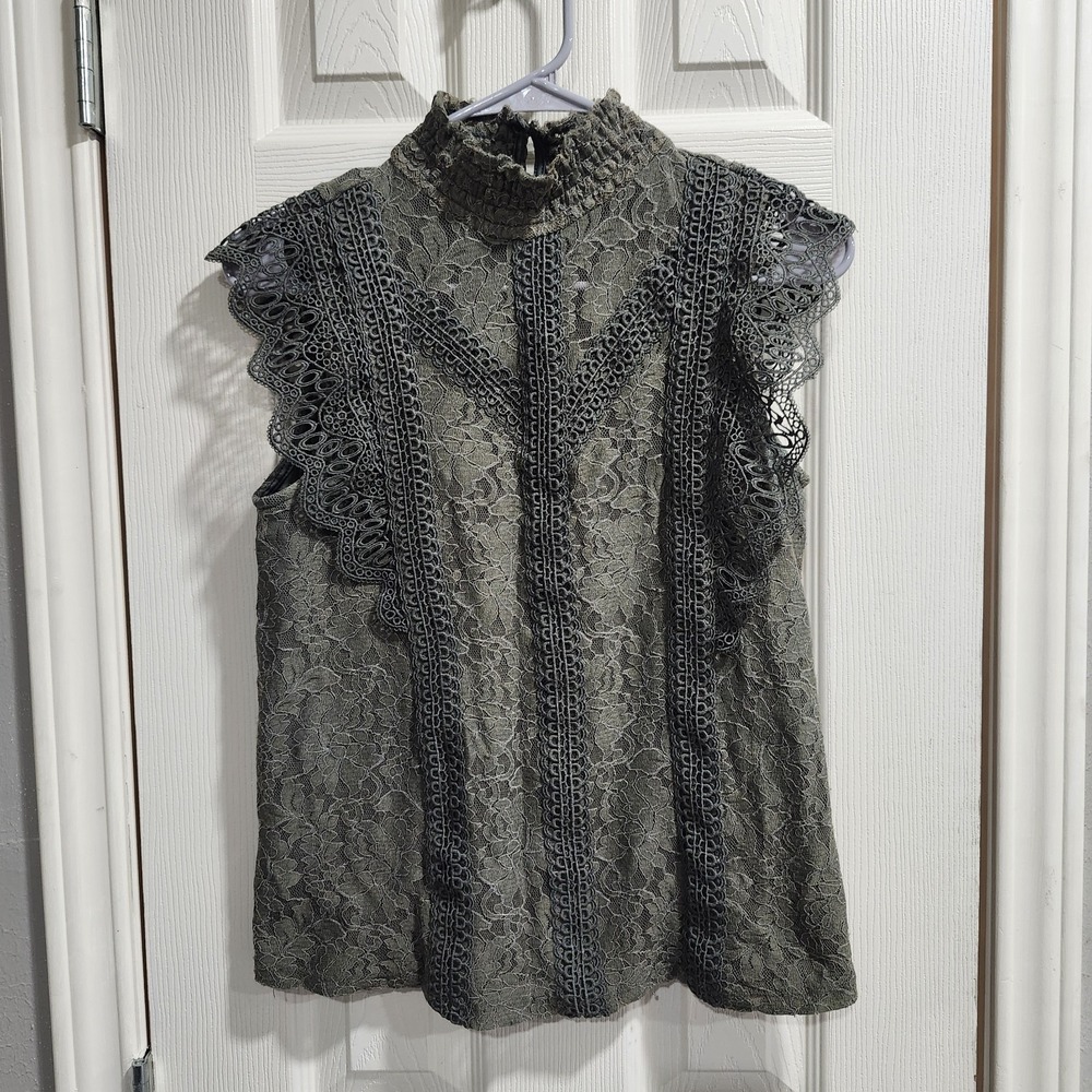 Cable & Gauge Green Lace Ruffle Sleeve Mock Neck Blouse Top Women's Small